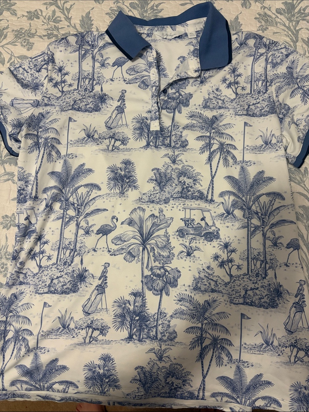 Walter Hagen White Polo with Blue Tropical Toile Print